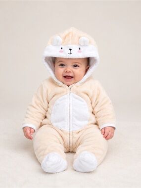 NWOT Plush Beige Bear Hooded Baby One-Piece Footie